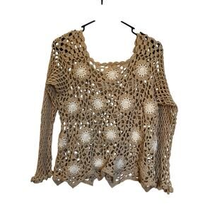 Rico Granny Crochet Sweater Top Long Sleeve Open Knit Flower Beige Tan Size S